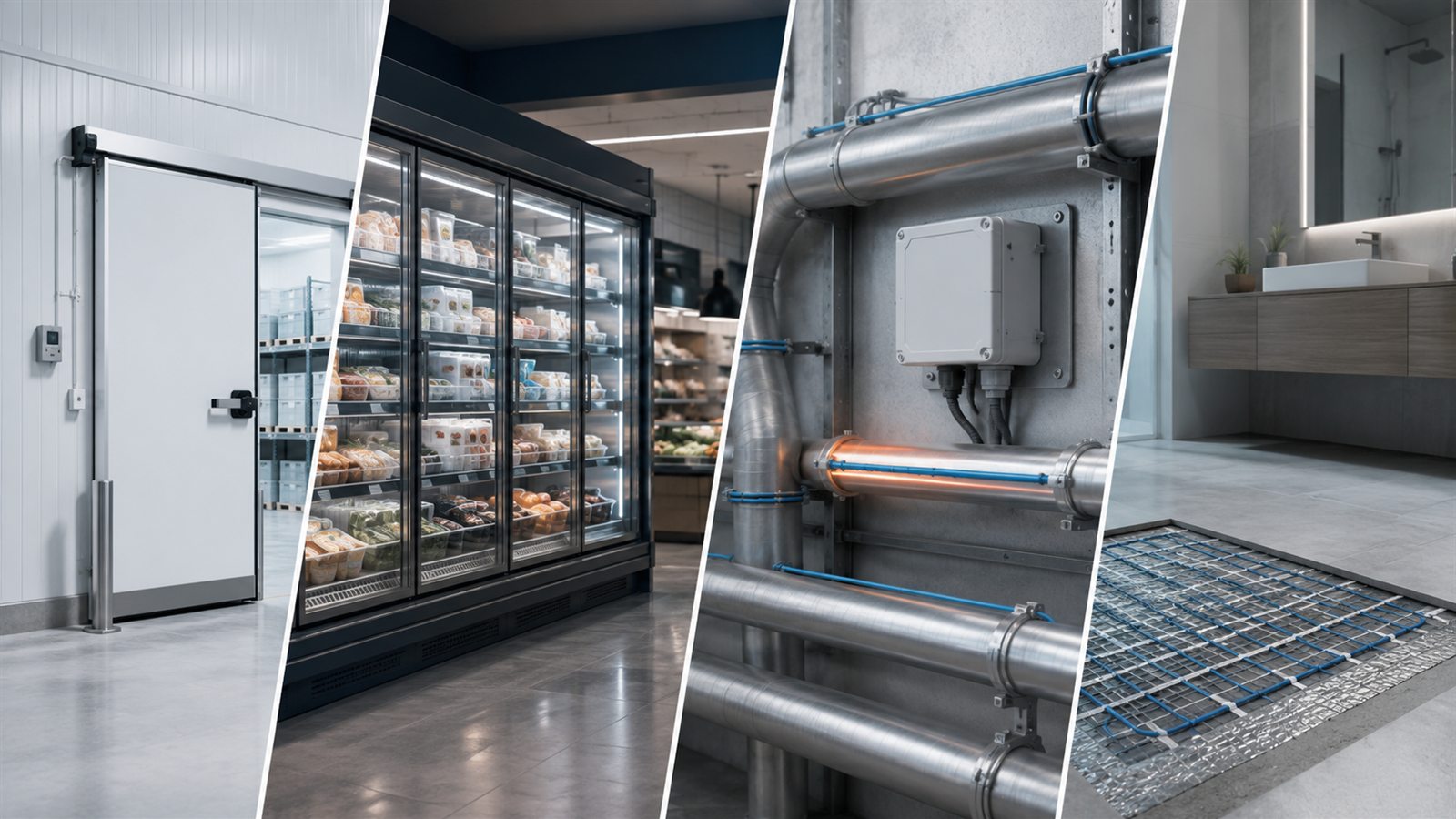 Aplicaciones AISEN de control térmico: cámara frigorífica, tuberías industriales y suelo radiante.