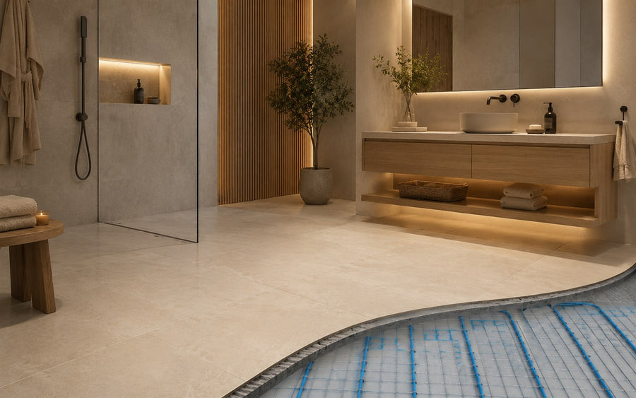Baño contemporáneo con sistema AISEN FLOOR instalado debajo del revestimiento y cable azul visible en corte constructivo.