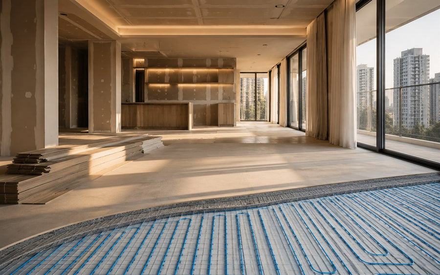 Emprendimiento residencial en construcción con instalación del sistema AISEN FLOOR bajo el suelo.