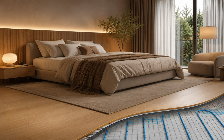 Dormitorio residencial con calefacción por suelo radiante AISEN FLOOR y recorte que muestra el cable azul bajo el revestimiento.