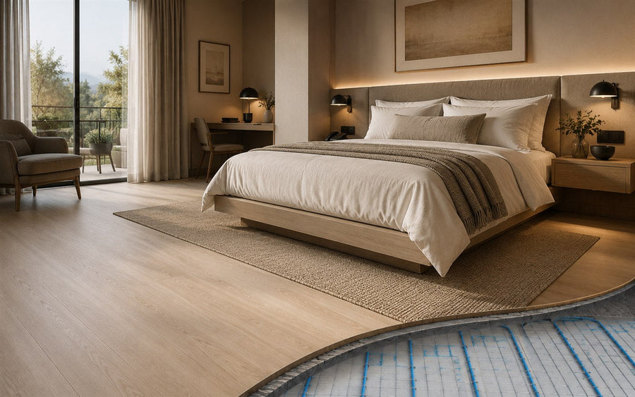 Habitación de hotel con sistema de calefacción por suelo radiante AISEN FLOOR y corte constructivo que muestra el cable azul.