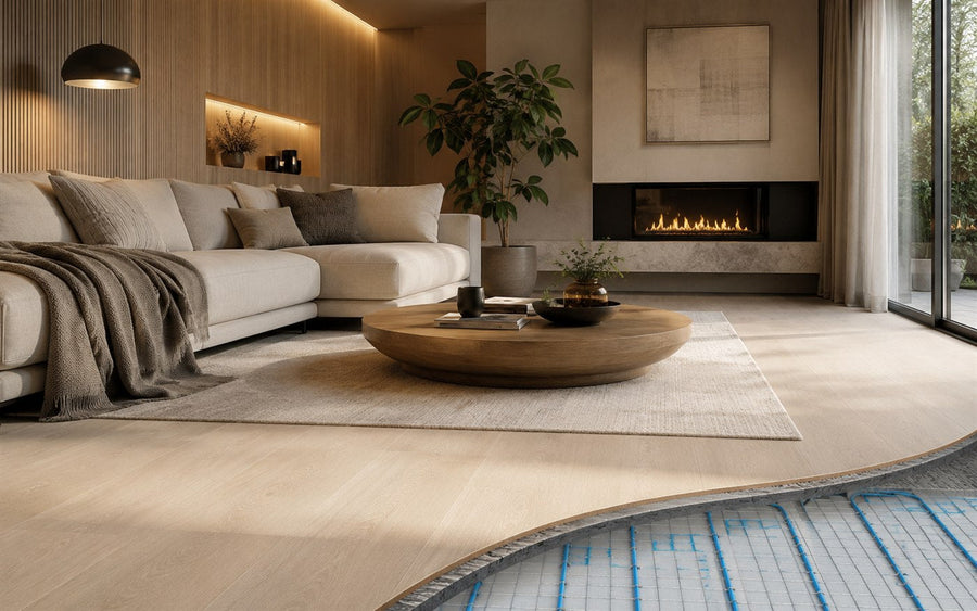 Sala residencial con sistema AISEN FLOOR instalado bajo el suelo y recorte constructivo que muestra el cable azul.