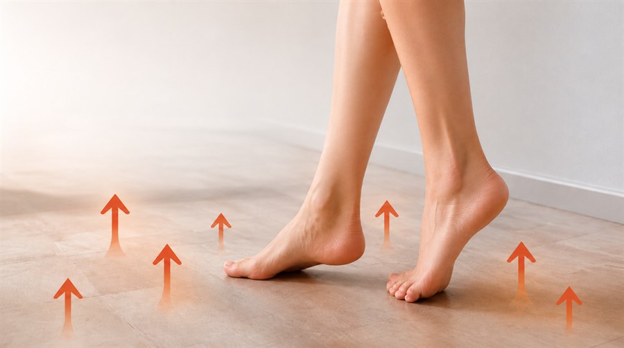 Pies de una mujer sobre un suelo radiante con indicación visual del calor distribuido de abajo hacia arriba.