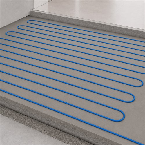 Cable azul AISEN FLOOR distribuido en un circuito continuo de ida y vuelta sobre el contrapiso.
