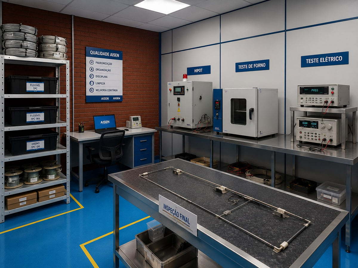 Sala de calidad de AISEN con bancos de pruebas eléctricas, pruebas de horno e inspección final.