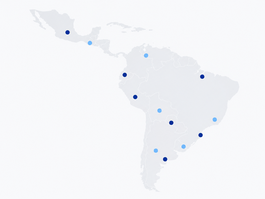 Mapa institucional de América Latina indicando la actuación comercial de AISEN.