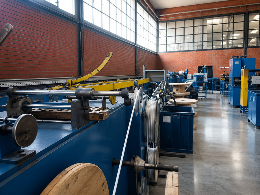Máquinas y bobinas en el área productiva de la fábrica.