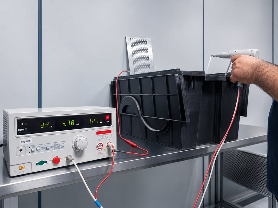 Ensayo eléctrico de cable en banco de pruebas, con equipo de rigidez dieléctrica.