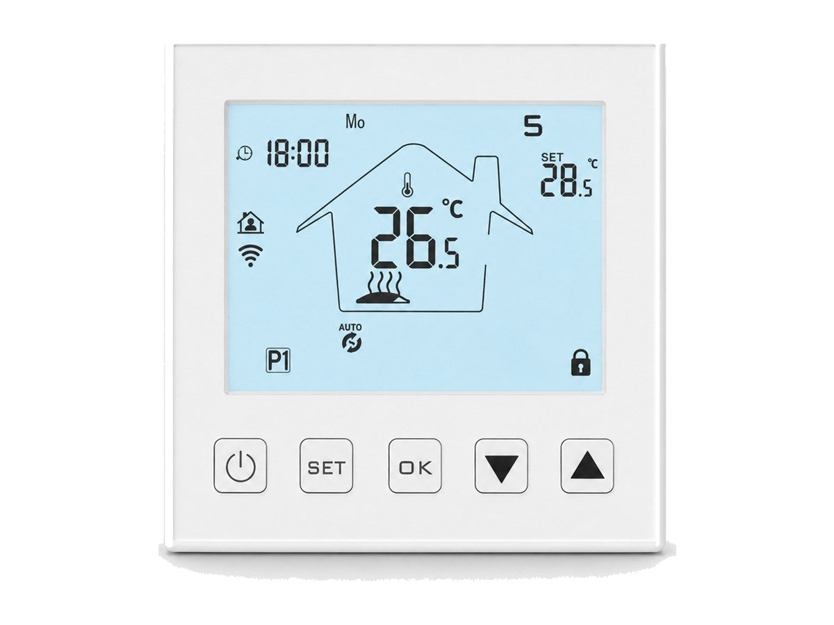 Termostato programável Wi-Fi branco AISEN FLOOR com visor digital.