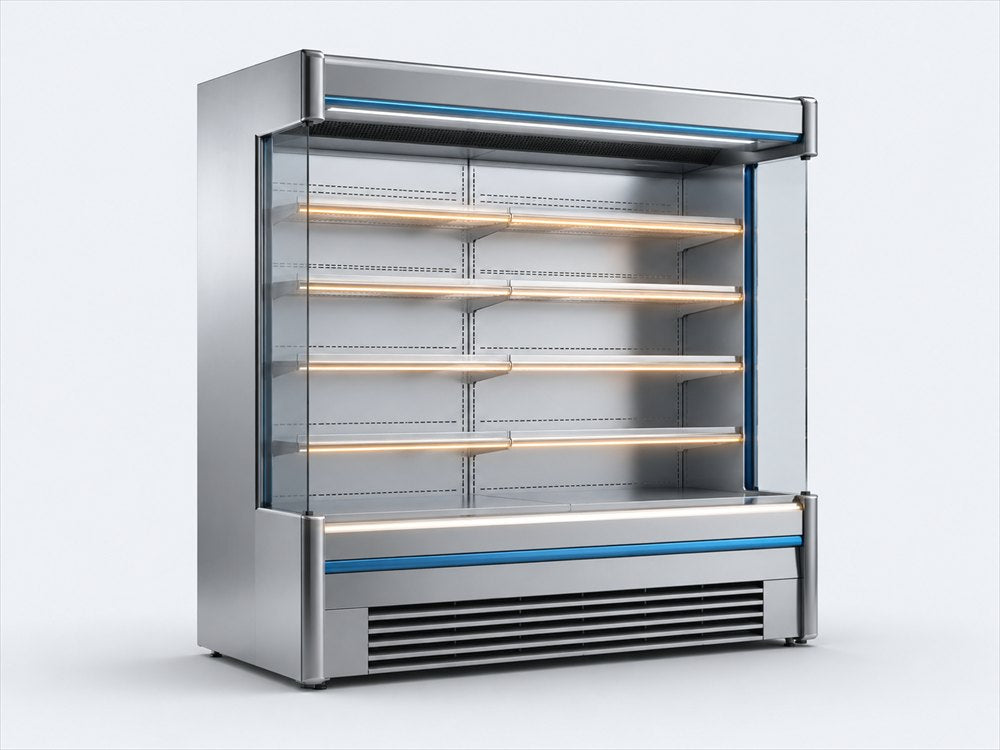 Expositor refrigerado abierto con productos a la vista.
