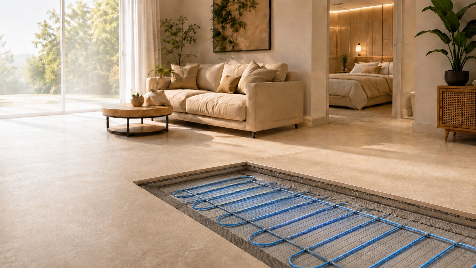 Ambiente residencial con sistema de calefacción eléctrica instalado bajo el piso.