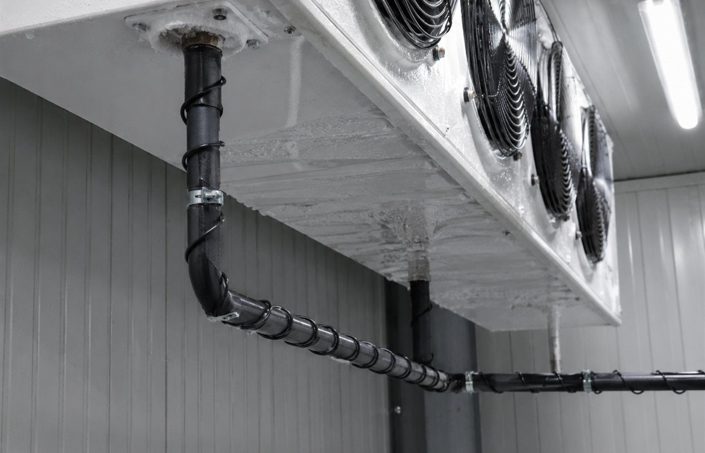 Evaporador instalado en ambiente frigorífico con cable calefactor aplicado a lo largo del tubo de drenaje.