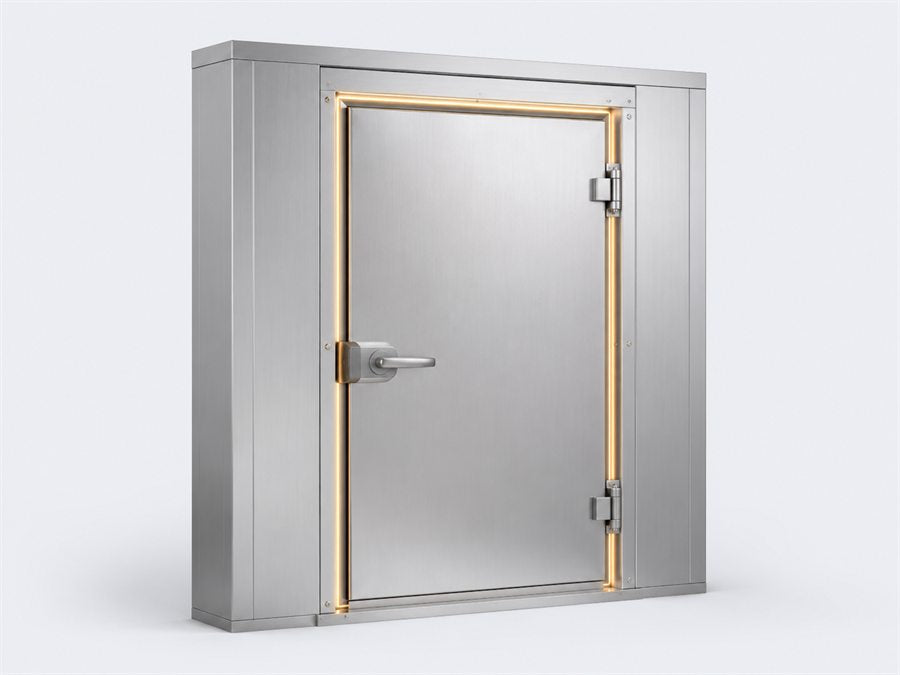 Puerta de cámara frigorífica en ambiente refrigerado.