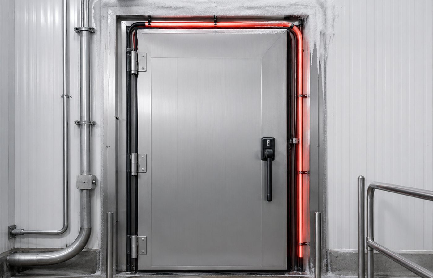 Puerta de cámara frigorífica instalada en ambiente refrigerado con indicación visual del recorrido de calentamiento en el marco.