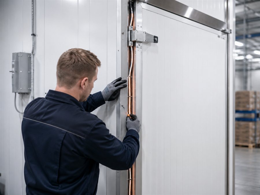 Técnico de mantenimiento del sistema de calefacción en el marco de una puerta de cámara frigorífica.