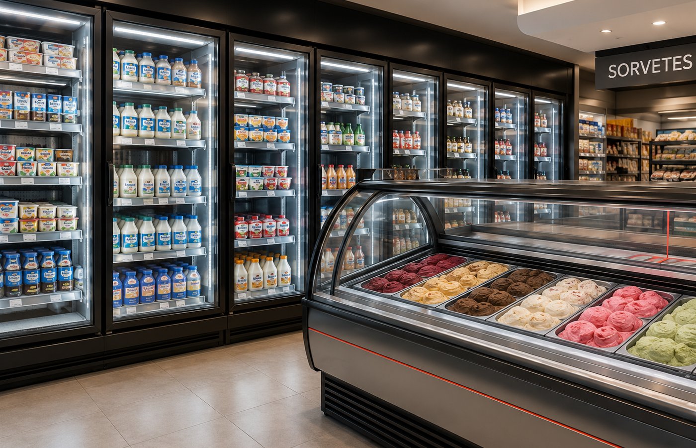 Neveras comerciales con puertas de cristal y vitrina expositora de helados en ambiente minorista.