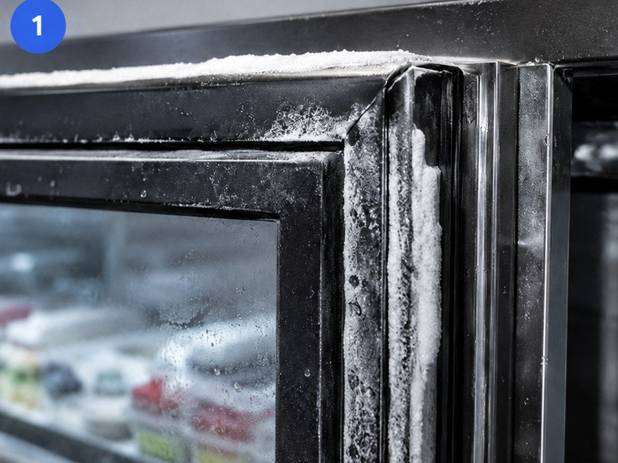 Detalle de puerta de refrigerador comercial con acumulación de hielo en el marco y en el burlete.